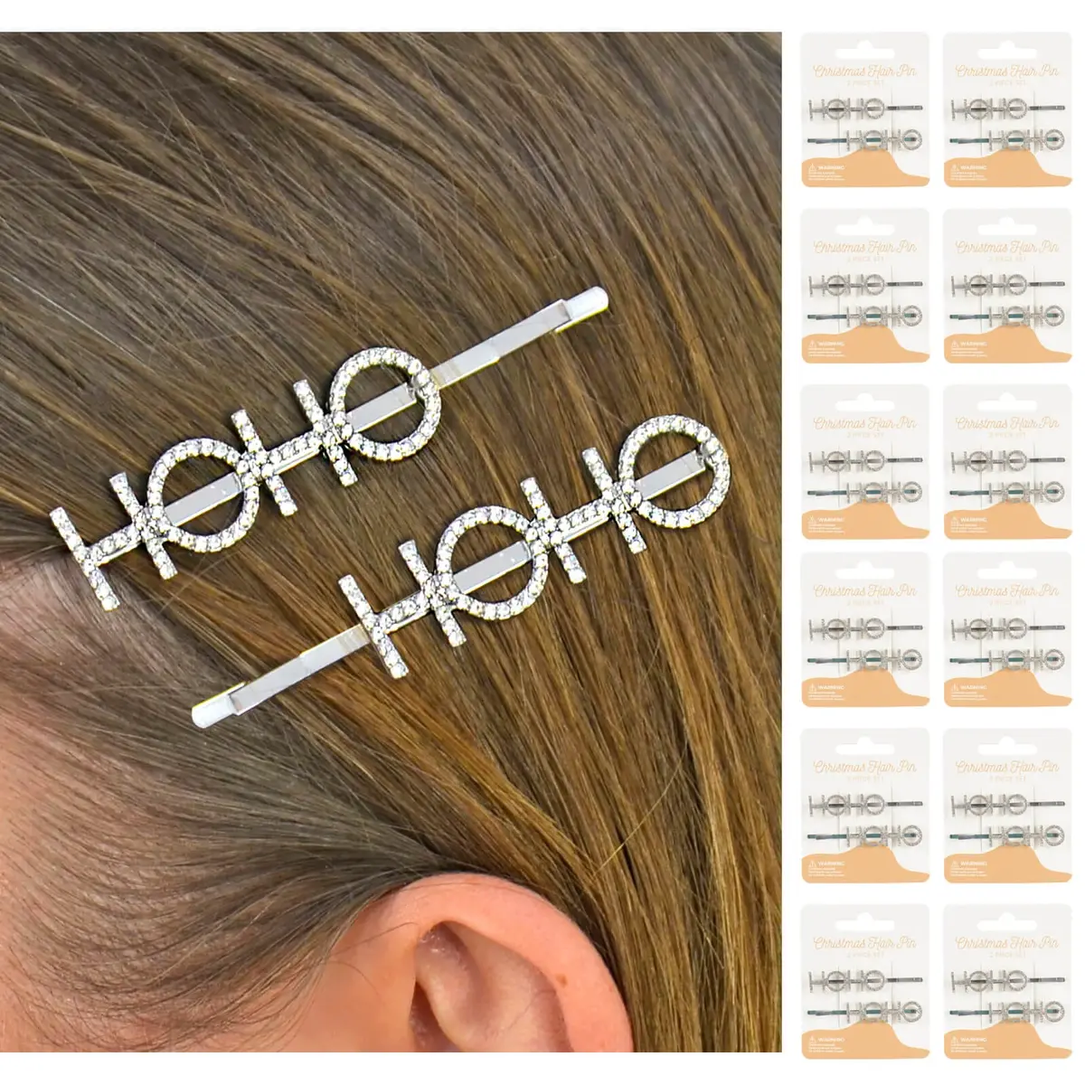 Bulk Pack Of 12 Christmas Hair Pins Silver Ho Ho Diamante Slides 1