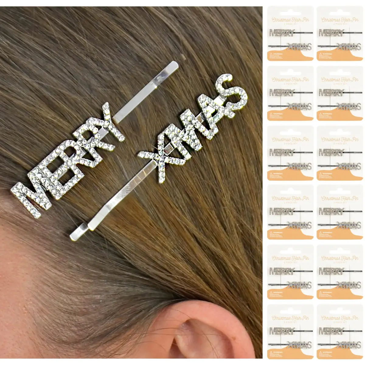 Bulk Pack Of 12 Christmas Hair Pins Silver Merry Xmas Diamante Slides 1