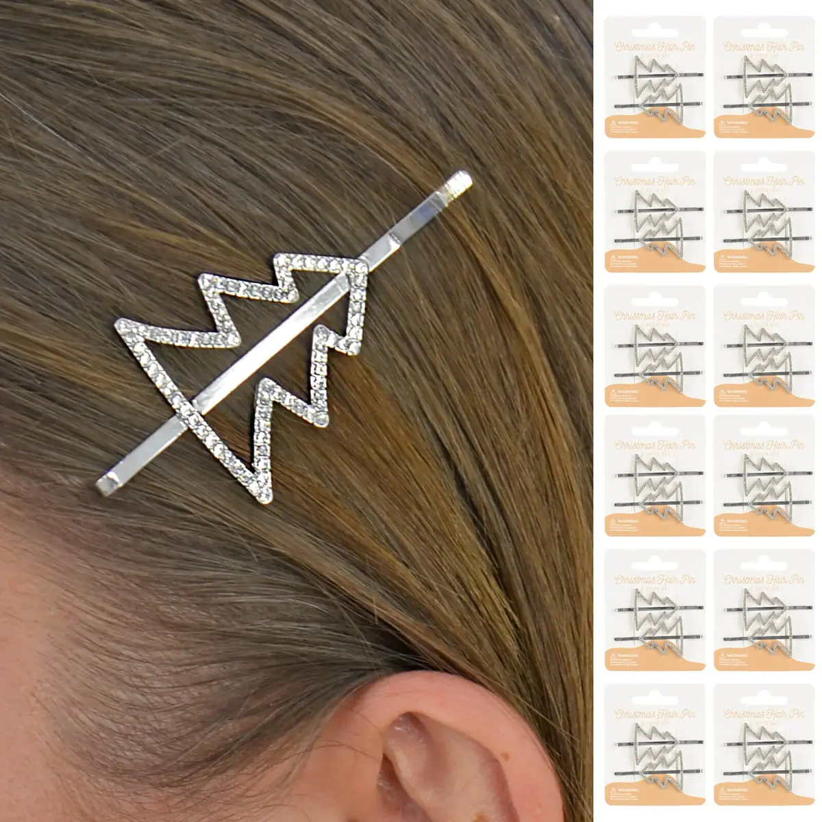 Bulk Pack Of 12 Christmas Hair Pins Silver Tree Diamante Slides 1