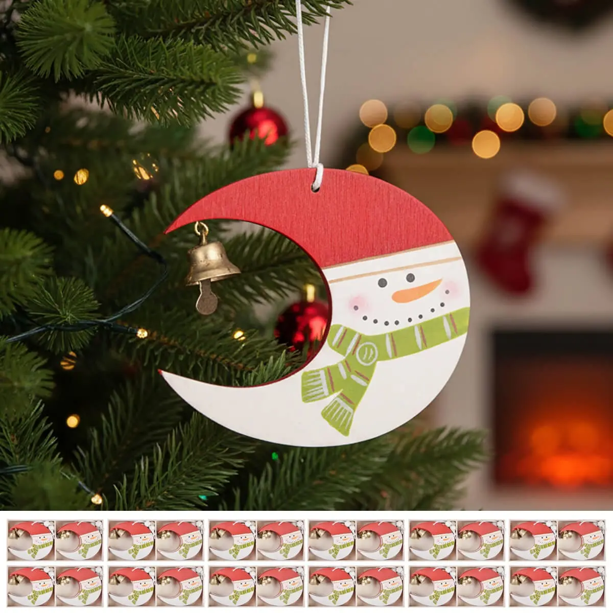 Bulk Pack Of 72 Snowman Moon Wooden Christmas Tree Decoration 7.5Cm 1