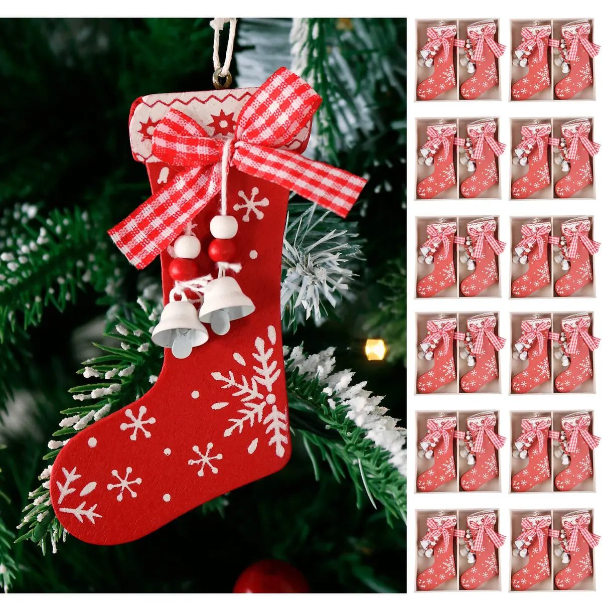 Bulk Pack Of 72 Christmas Stocking Wooden Tree Decoration Red 10Cm 1
