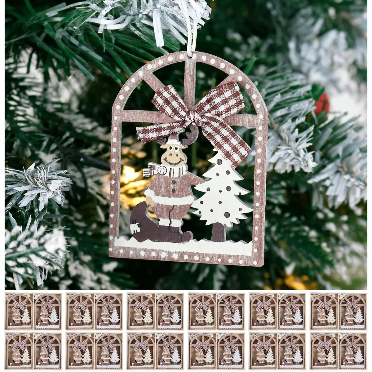 Bulk Pack Of 72 Reindeer Wooden Christmas Tree Decoration 7.5Cm 1