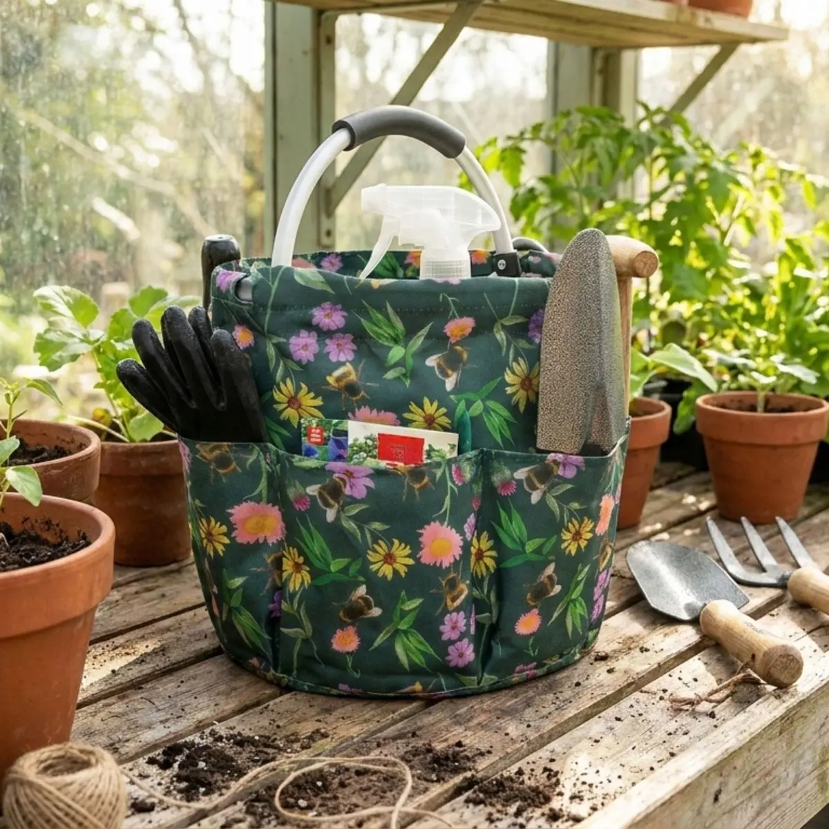 Handy Storage Bag Folding Garden Caddy 6 Pockets Meadow Bee Green 28Cm 1