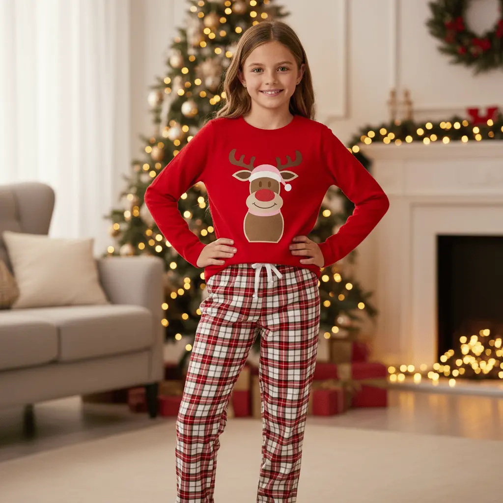 Kids Christmas Pyjama Set Rudolph Top Pink Red 1