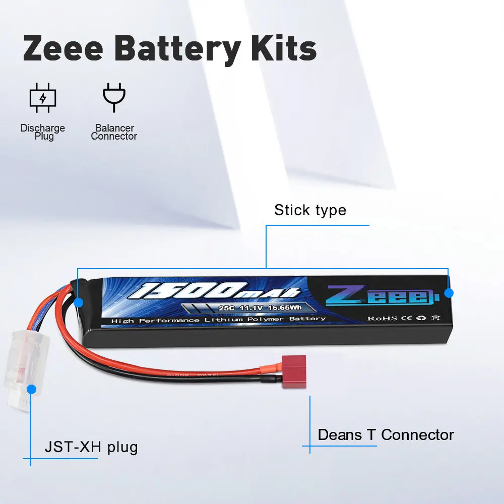 Zeee 3S Airsoft Lipo Battery 1500Mah 11.1V 25C 3S Stick Battery With Deans T Plug And Jst Xh Connector For Airsoft Models Guns Rifle 3