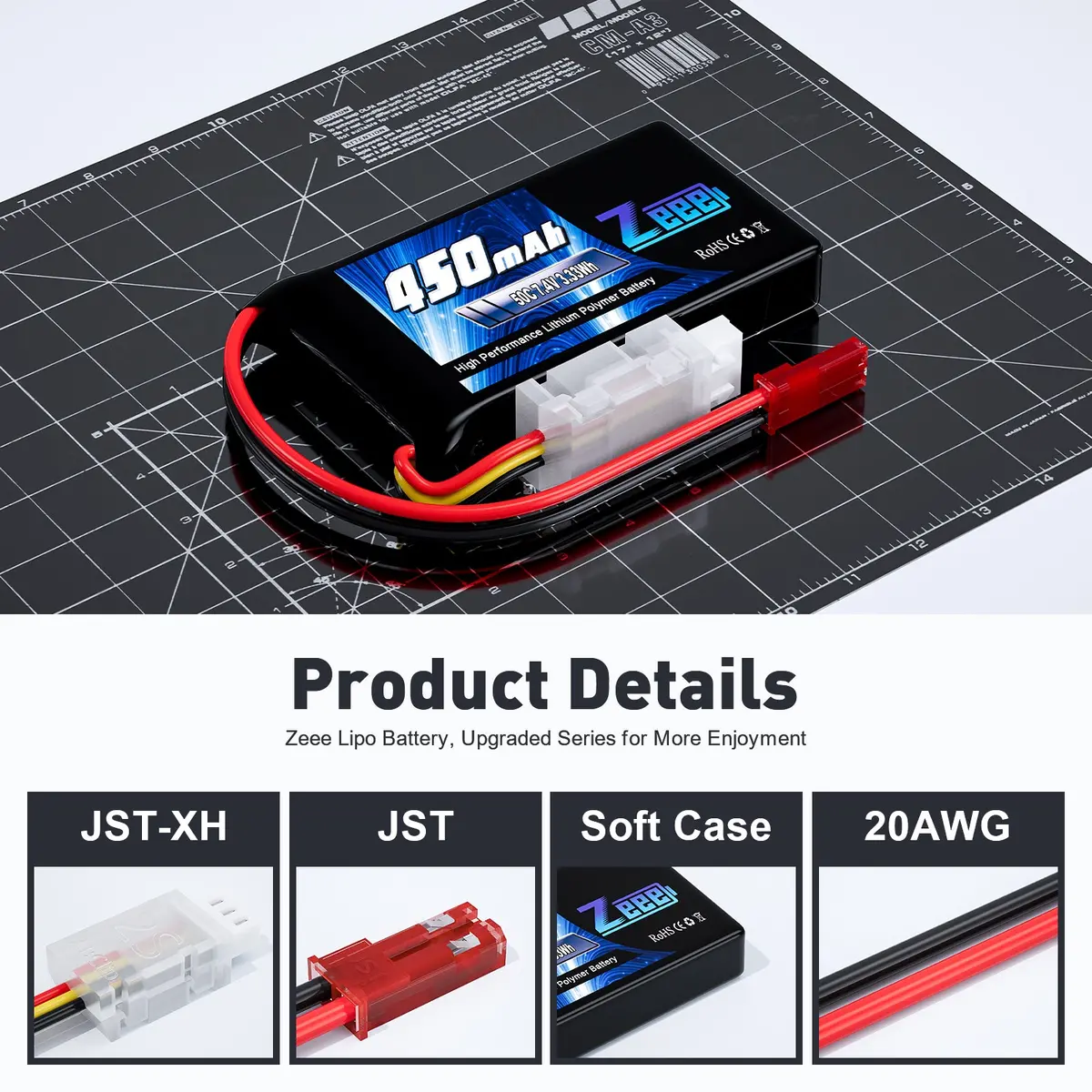 Zeee 2S Lipo Battery 450Mah 7.4V 50C Soft Pack Rc Battery With Jst Plug For Fpv Drone Quadcopter Helicopter Airplane Rc Boat Rc Car Rc Models(4 Pack) 3