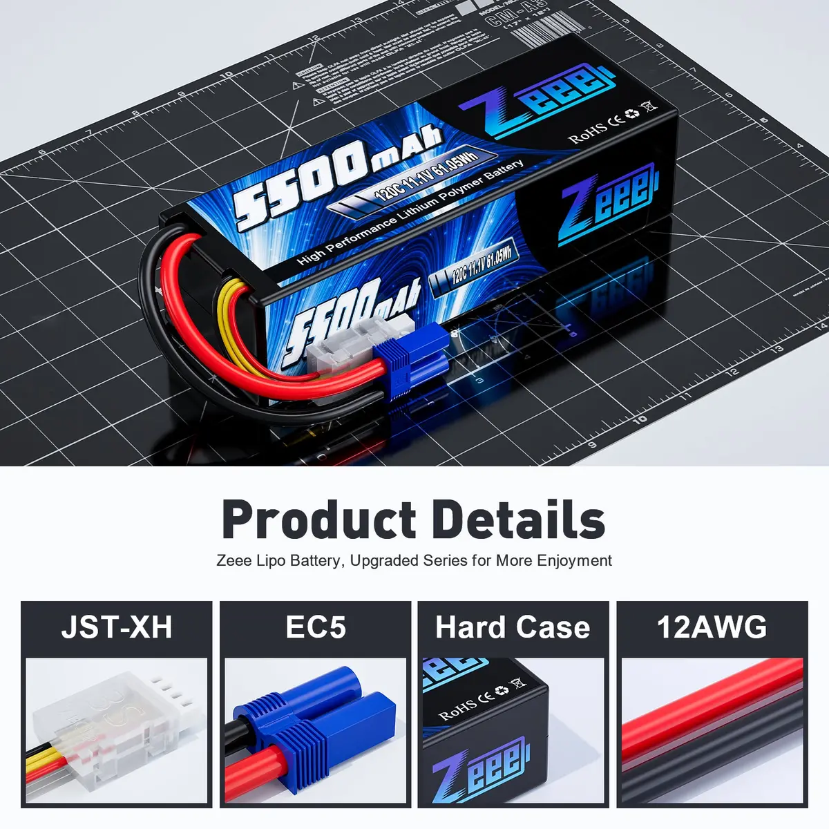 Zeee 3S Lipo Battery 5500Mah 11.1V 120C Hard Case Rc Battery With Ec5 Connector For Rc Car 1/8 1/10 Scale Vehicles(2 Pack) 3
