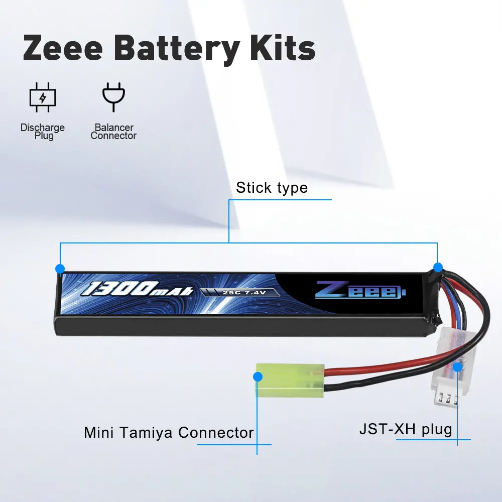 Zeee 2S Lipo Battery 1300Mah 7.4V 25C Airsoft Stick Battery With Mini Tamiya Connector For Airsoft Guns Rifle 3