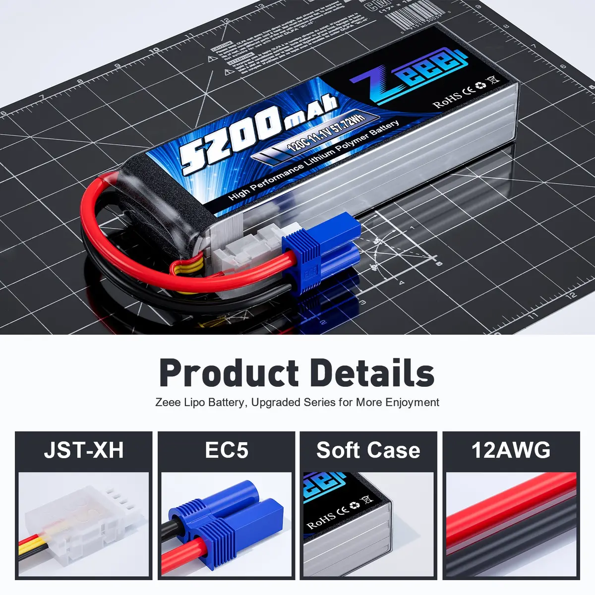 Zeee 3S Lipo Battery 5200Mah 11.1V 120C With Ec5 Connector Soft Case For Rc Car Rc Models(2 Pack) 3