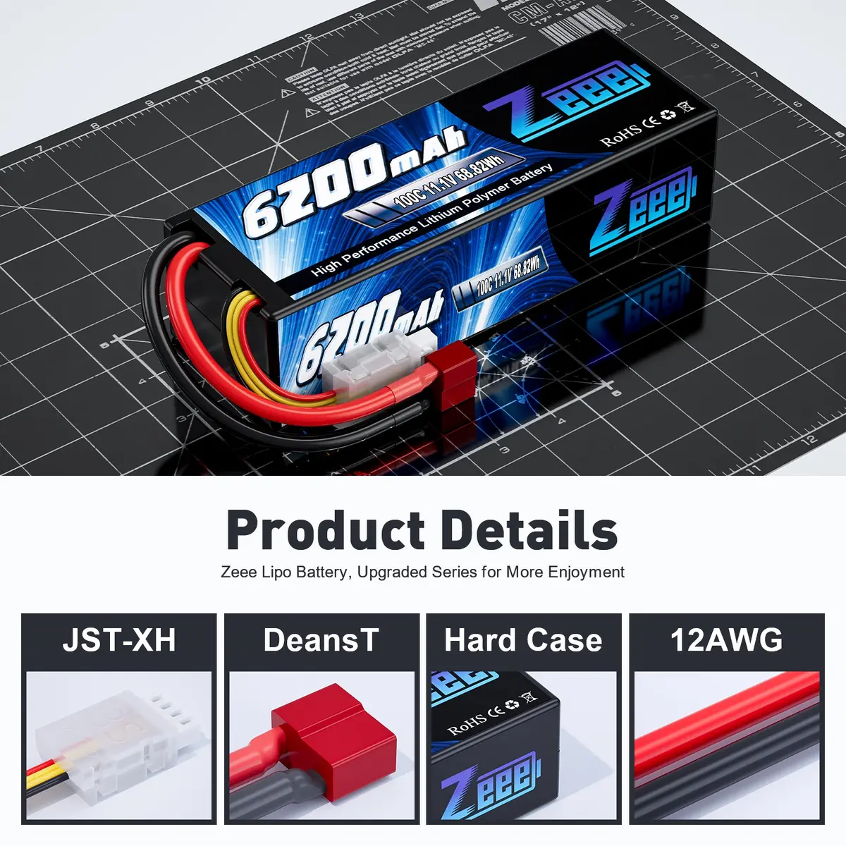 Zeee 3S Lipo Battery 6200Mah 11.1V 100C Hard Case With Deans T Connector For 1/8 1/10 Scale Vehicles Rc Car(2 Pack) 3
