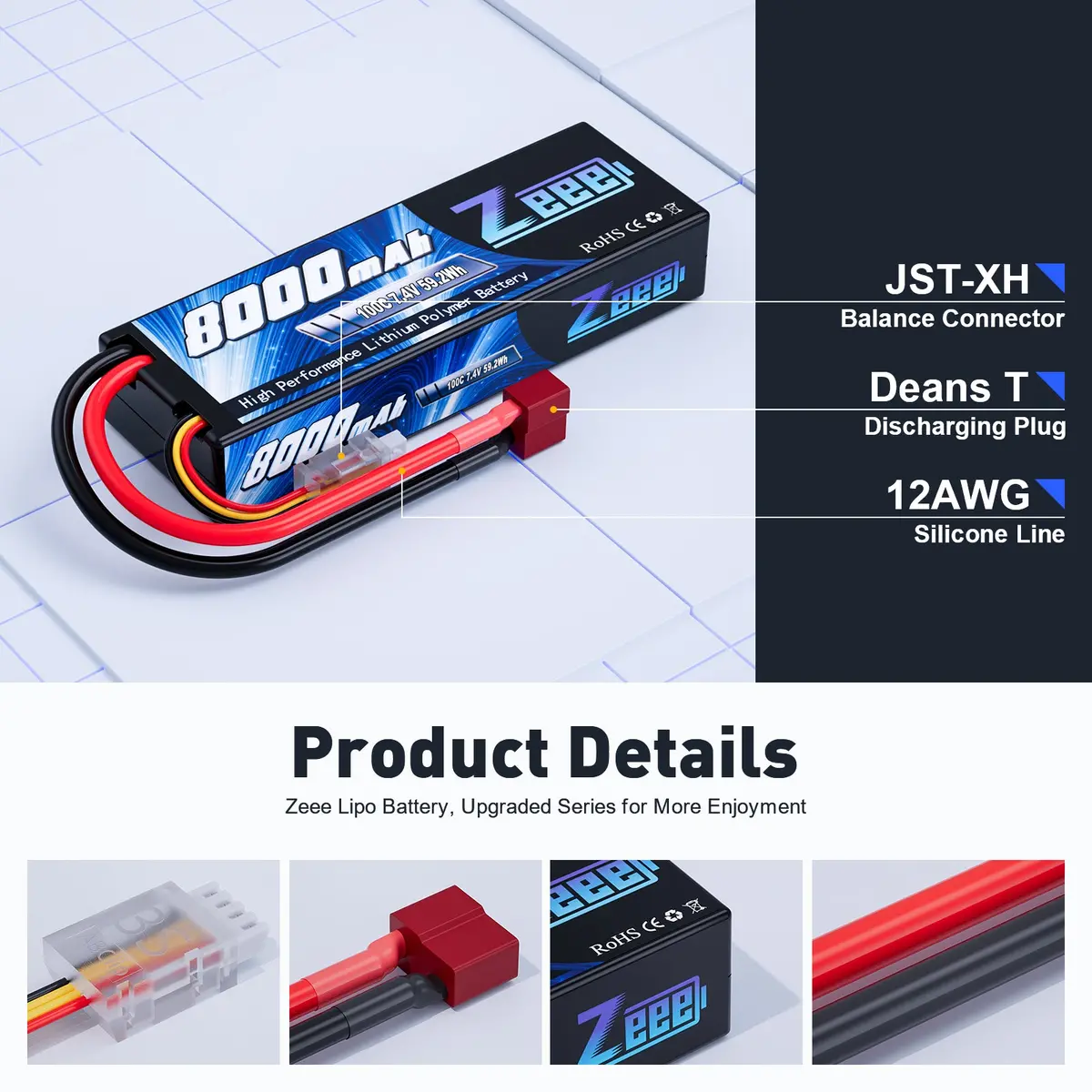 Zeee 2S Lipo Battery 8000Mah 7.4V 100C Hard Case With Deans T Plug For Rc Car Truck Truggy Boat Helicopter(2 Pack) 3