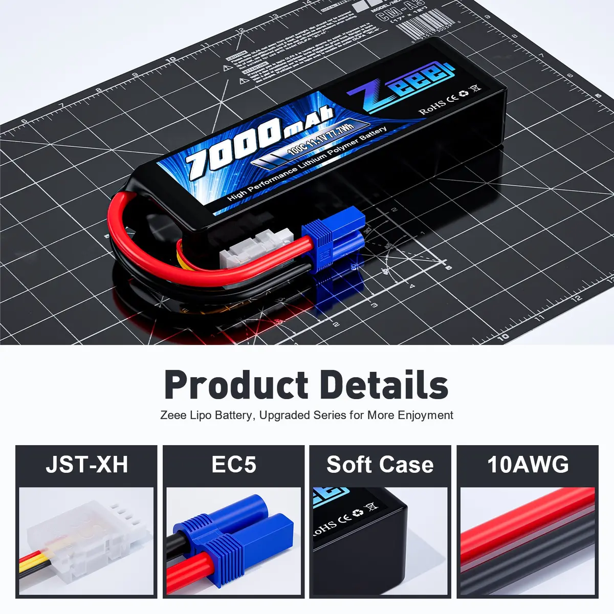Zeee 3S Lipo Battery 7000Mah 11.1V 100C Ec5 Connector Soft Case With Metal Plates For Rc Car Truck Tank Racing Models (2 Pack) 3