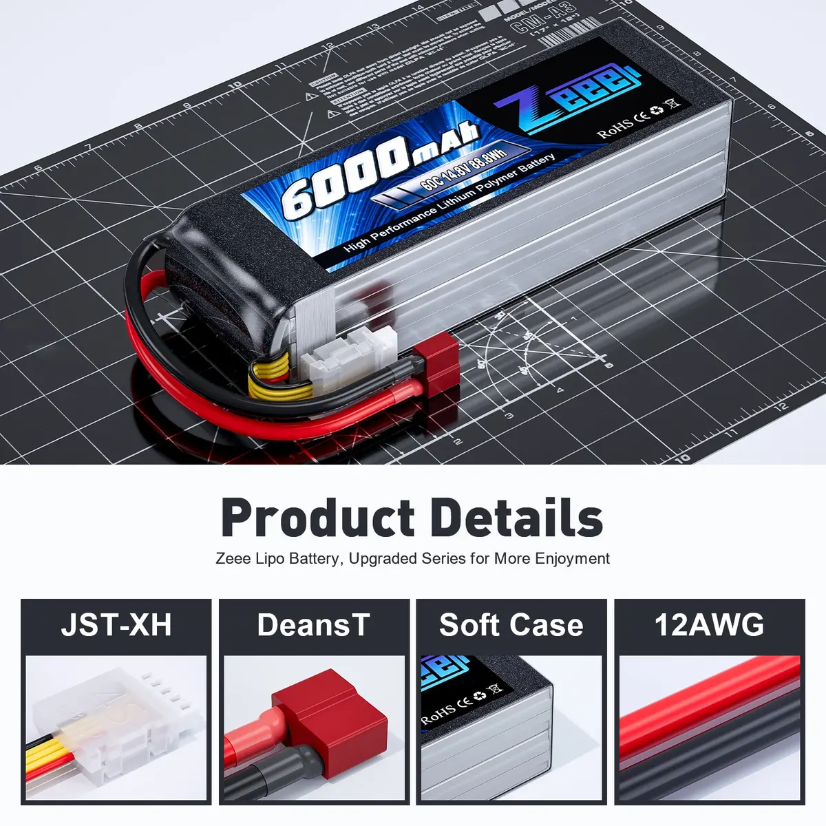 Zeee 4S Lipo Battery 6000Mah 14.8V 60C Soft Case With Deans Plug For Rc Plane Rc Car 3