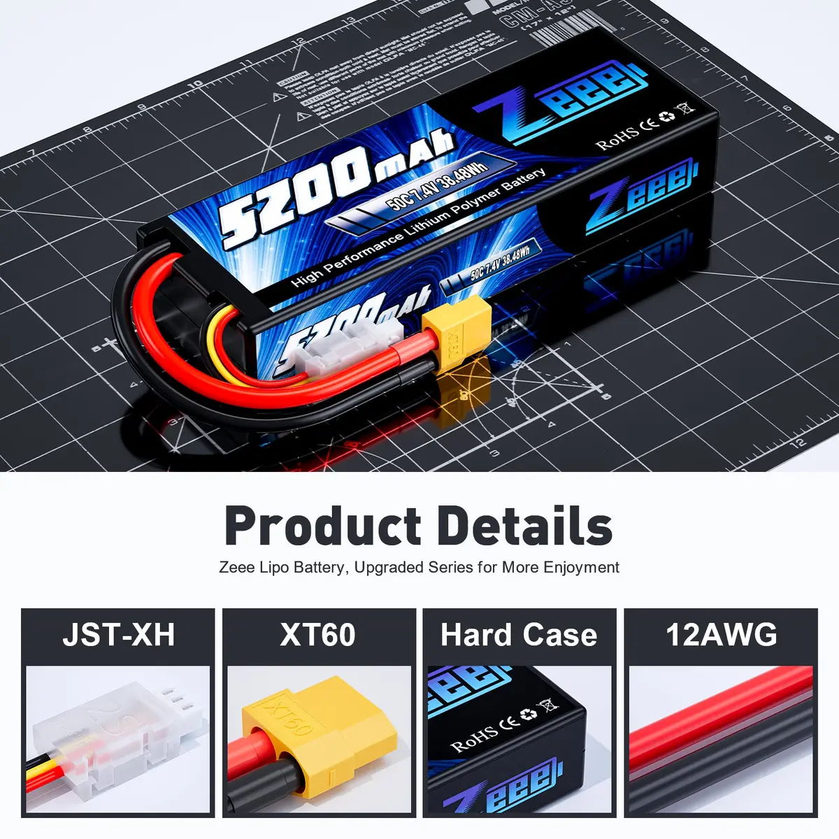 Zeee 2S Lipo Battery 5200Mah 7.4V 50C With Xt60 Plug Hard Case For 1/8 1/10 Rc Car Rc Airplane(2 Pack) 3