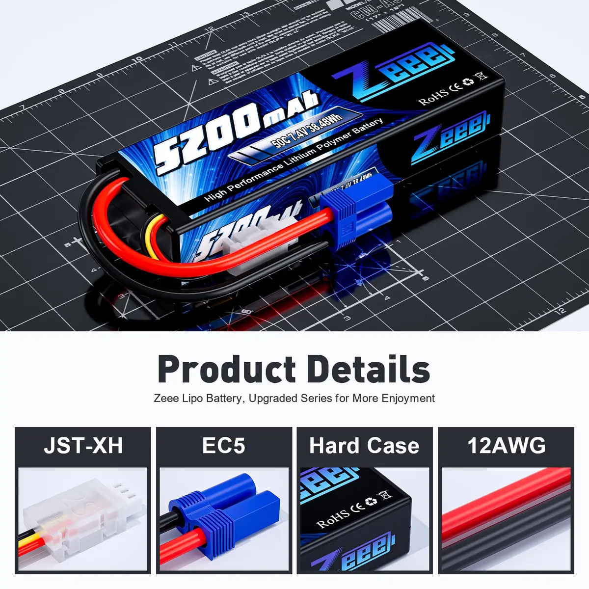 Zeee 2S Lipo Battery 5200Mah 7.4V 50C Hard Case With Ec5 Plug For 1/8 1/10 Rc Car(2 Pack) 3