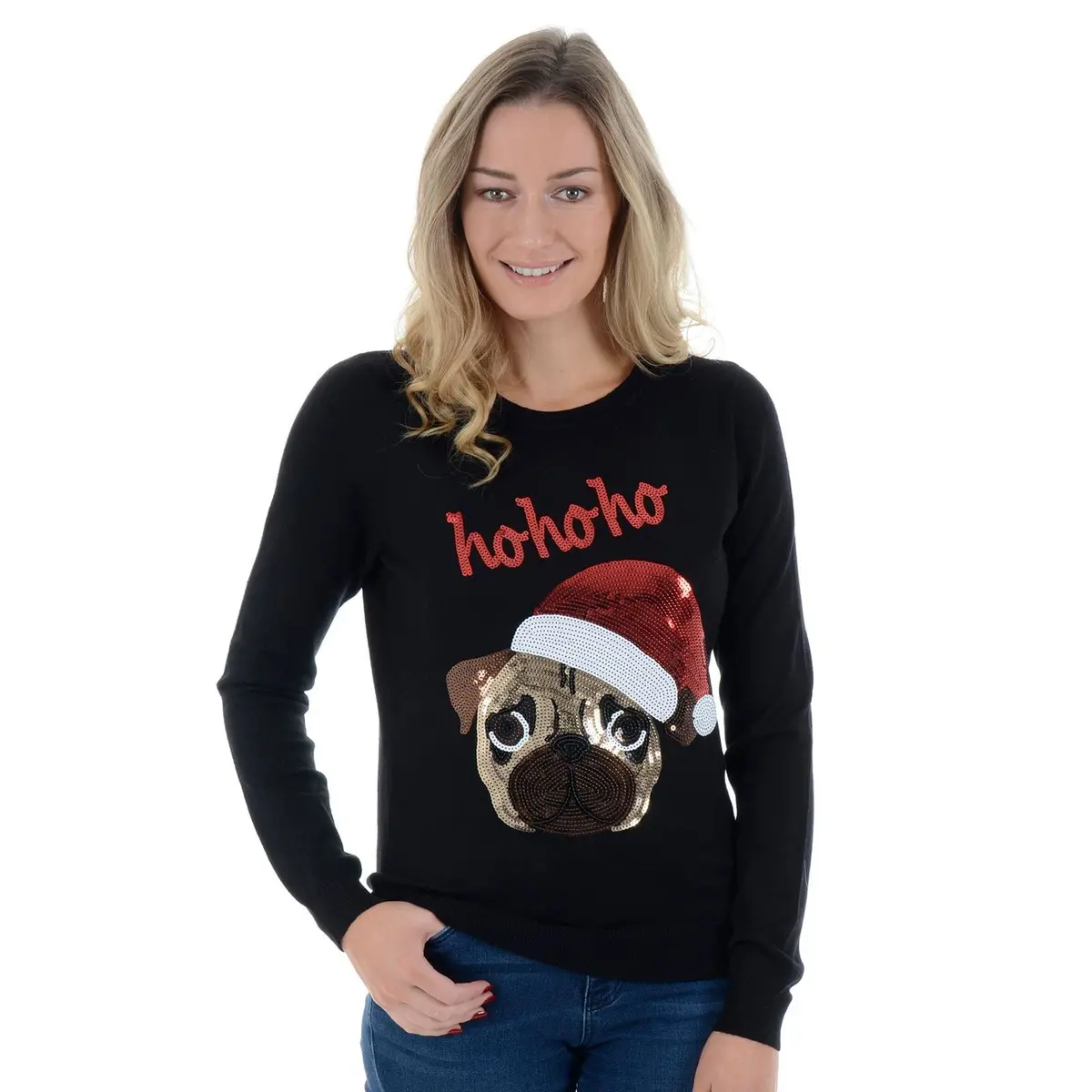 Womens Novelty Sequin Santa Pug Ho Ho Ho Christmas Jumper 1