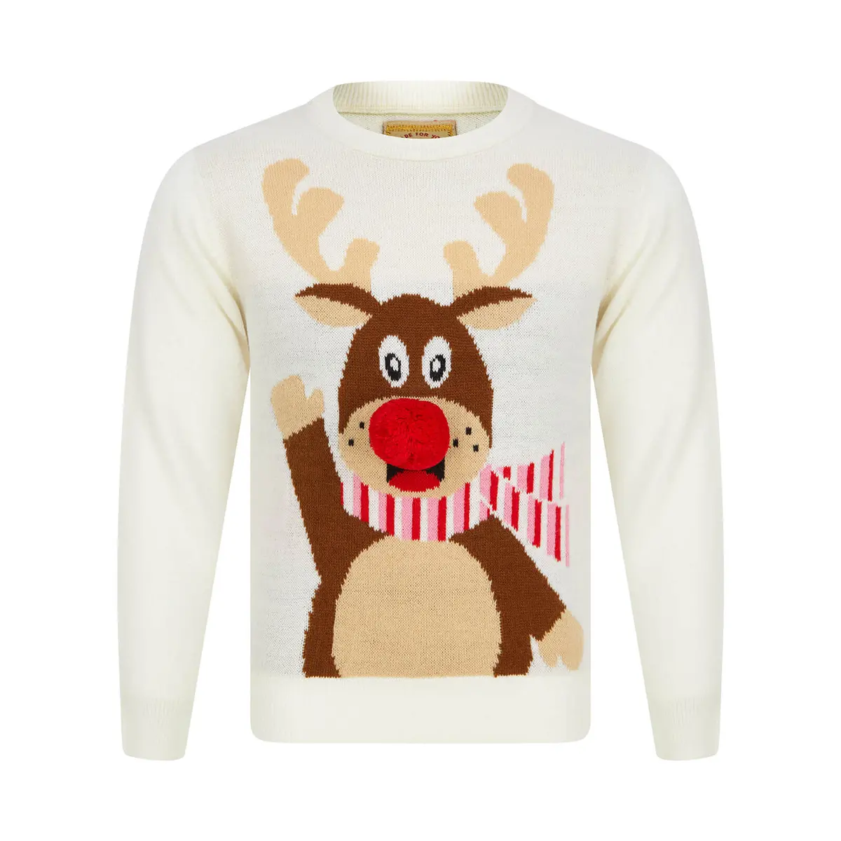 Kids Waving Reindeer Pom Pom Nose Christmas Jumper 1