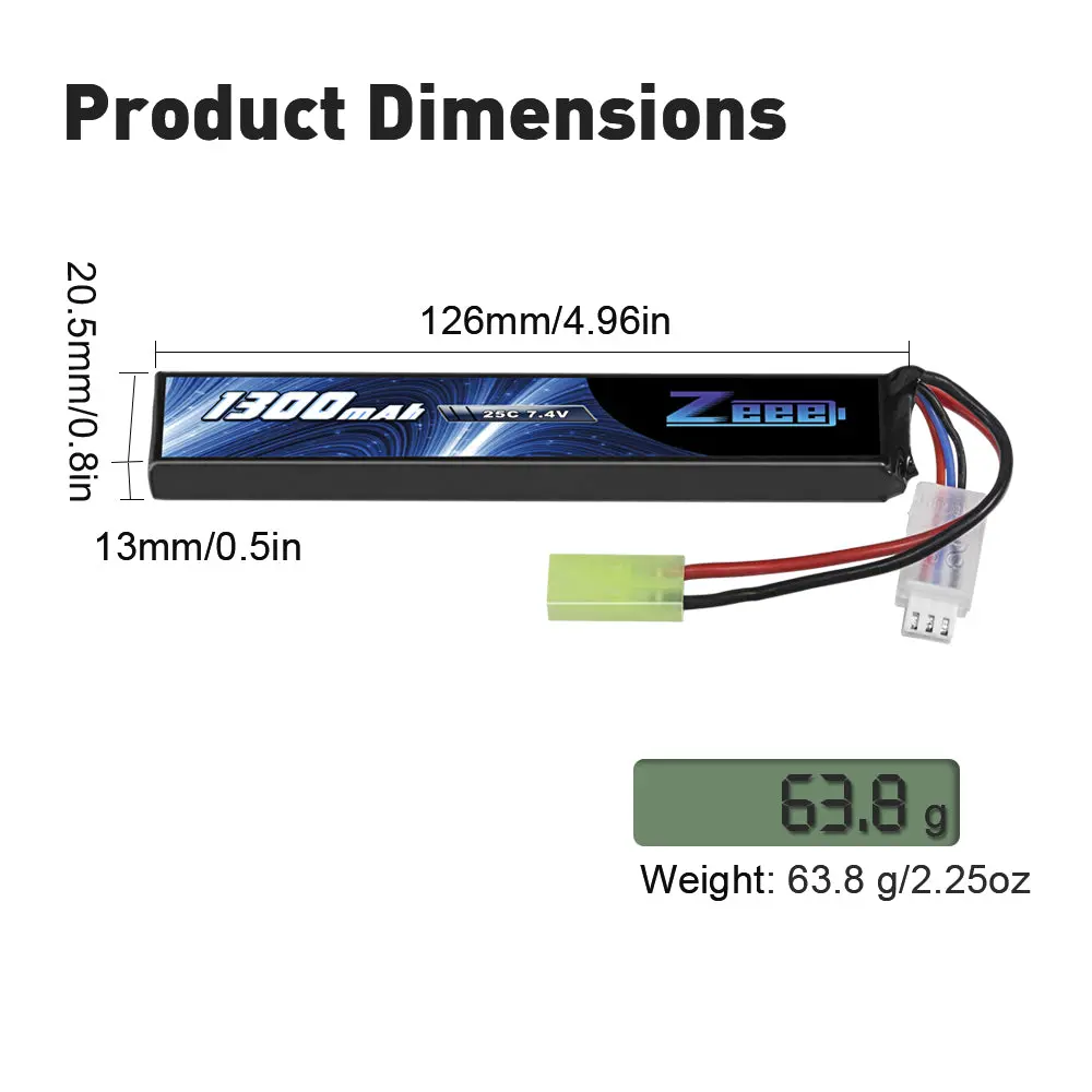Zeee 2S Lipo Battery 1300Mah 7.4V 25C Airsoft Stick Battery With Mini Tamiya Connector For Airsoft Guns Rifle 4