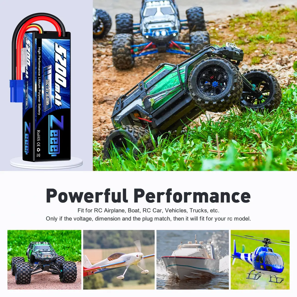 Zeee 2S Lipo Battery 5200Mah 7.4V 50C Hard Case With Ec5 Plug For 1/8 1/10 Rc Car(2 Pack) 5