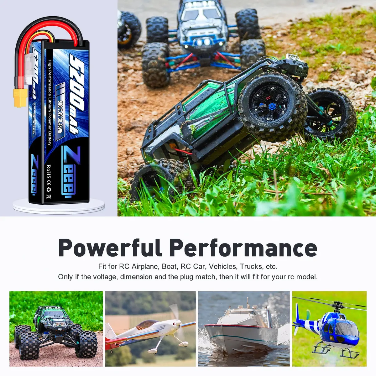 Zeee 2S Lipo Battery 5200Mah 7.4V 50C With Xt60 Plug Hard Case For 1/8 1/10 Rc Car Rc Airplane(2 Pack) 5