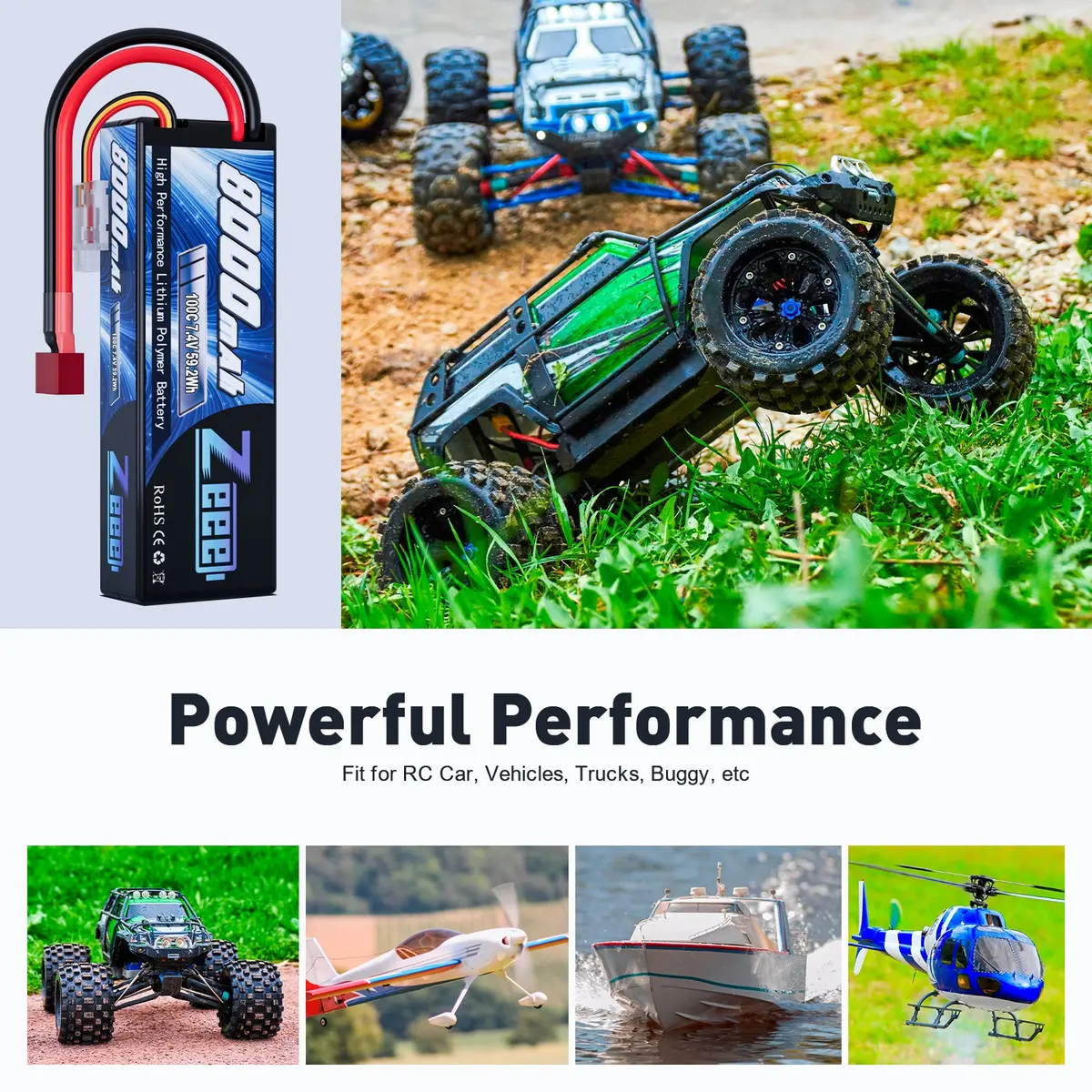 Zeee 2S Lipo Battery 8000Mah 7.4V 100C Hard Case With Deans T Plug For Rc Car Truck Truggy Boat Helicopter(2 Pack) 5
