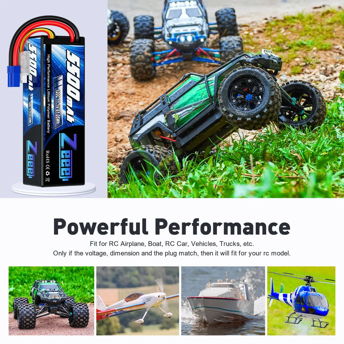 Zeee 3S Lipo Battery 5500Mah 11.1V 120C Hard Case Rc Battery With Ec5 Connector For Rc Car 1/8 1/10 Scale Vehicles(2 Pack) 5