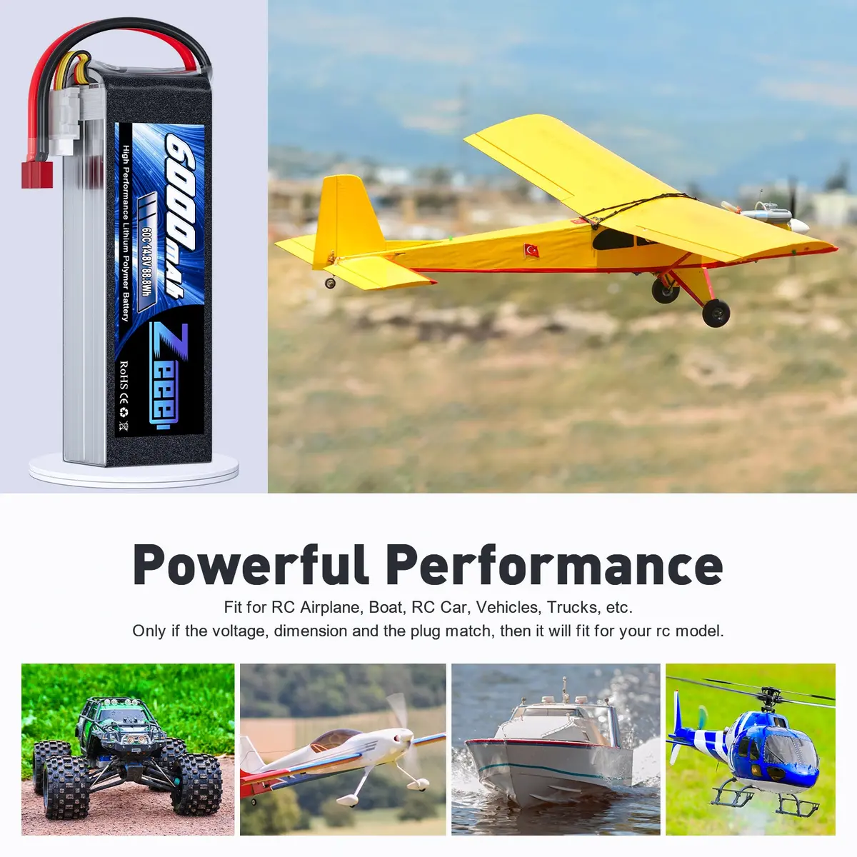 Zeee 4S Lipo Battery 6000Mah 14.8V 60C Soft Case With Deans Plug For Rc Plane Rc Car 5