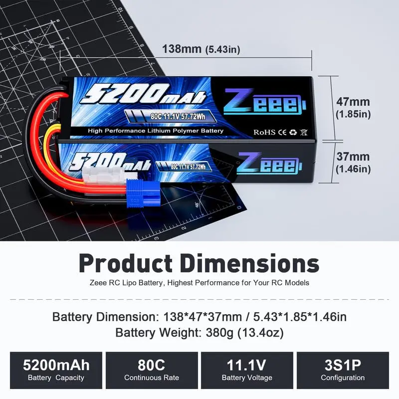 Zeee 3S Lipo Battery 5200Mah 11.1V 80C With Ec3 Plug Hard Case For Rc Car Racing Models(2 Pack) 2
