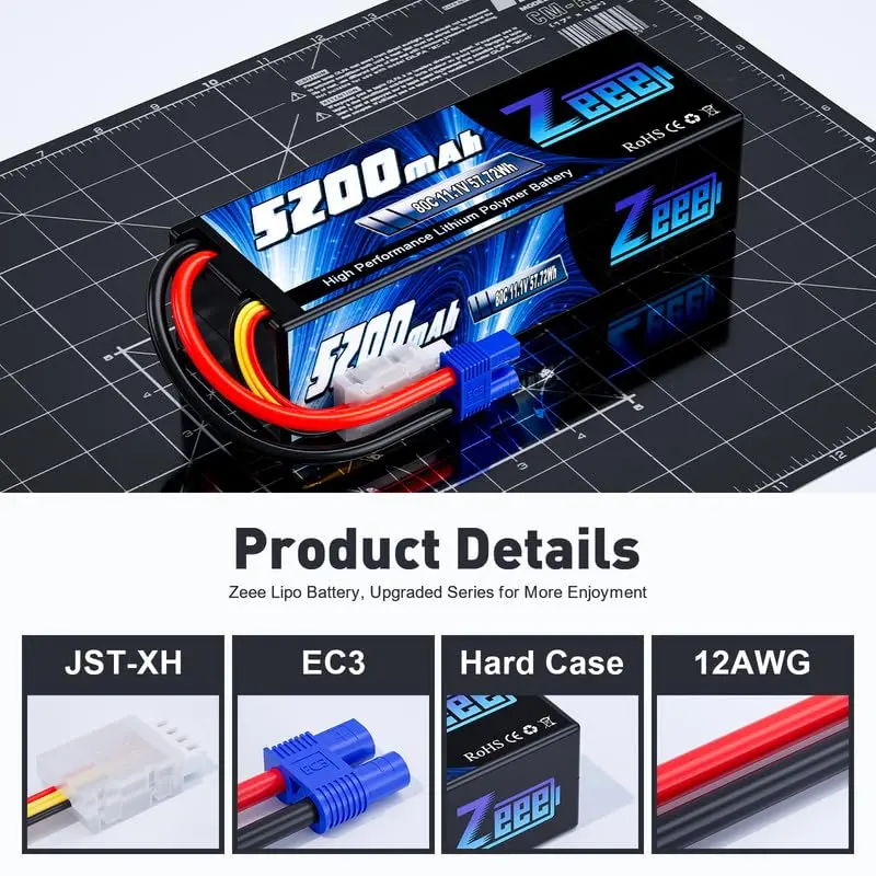 Zeee 3S Lipo Battery 5200Mah 11.1V 80C With Ec3 Plug Hard Case For Rc Car Racing Models(2 Pack) 3