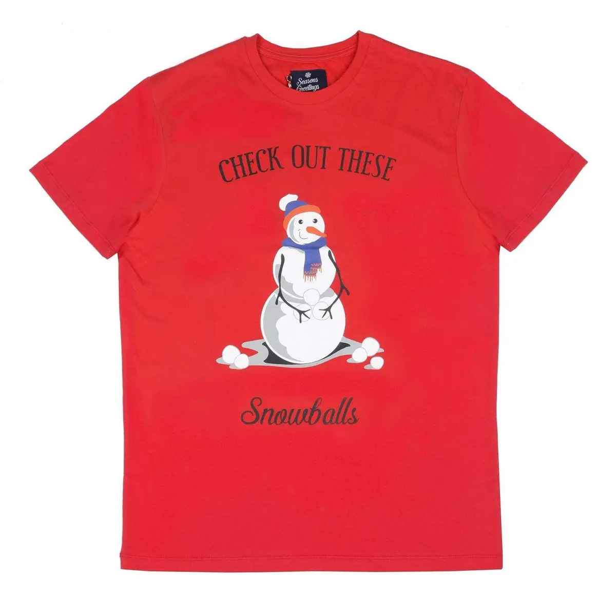 Mens Red Christmas T-Shirt With Funny Snowman Print 1