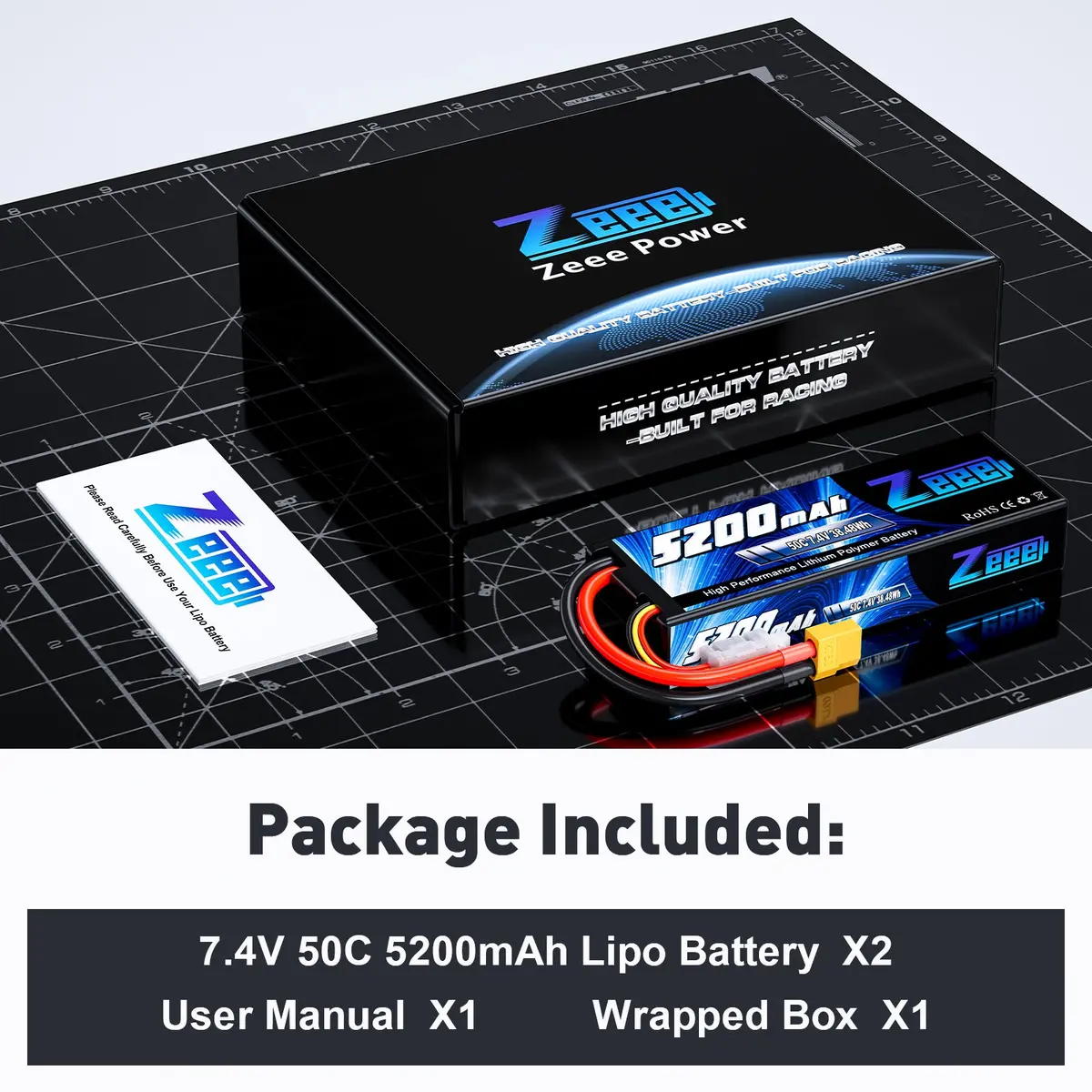 Zeee 2S Lipo Battery 5200Mah 7.4V 50C With Xt60 Plug Hard Case For 1/8 1/10 Rc Car Rc Airplane(2 Pack) 6