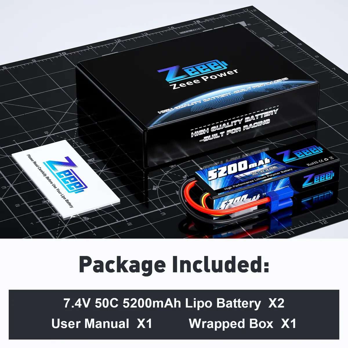 Zeee 2S Lipo Battery 5200Mah 7.4V 50C Hard Case With Ec5 Plug For 1/8 1/10 Rc Car(2 Pack) 6