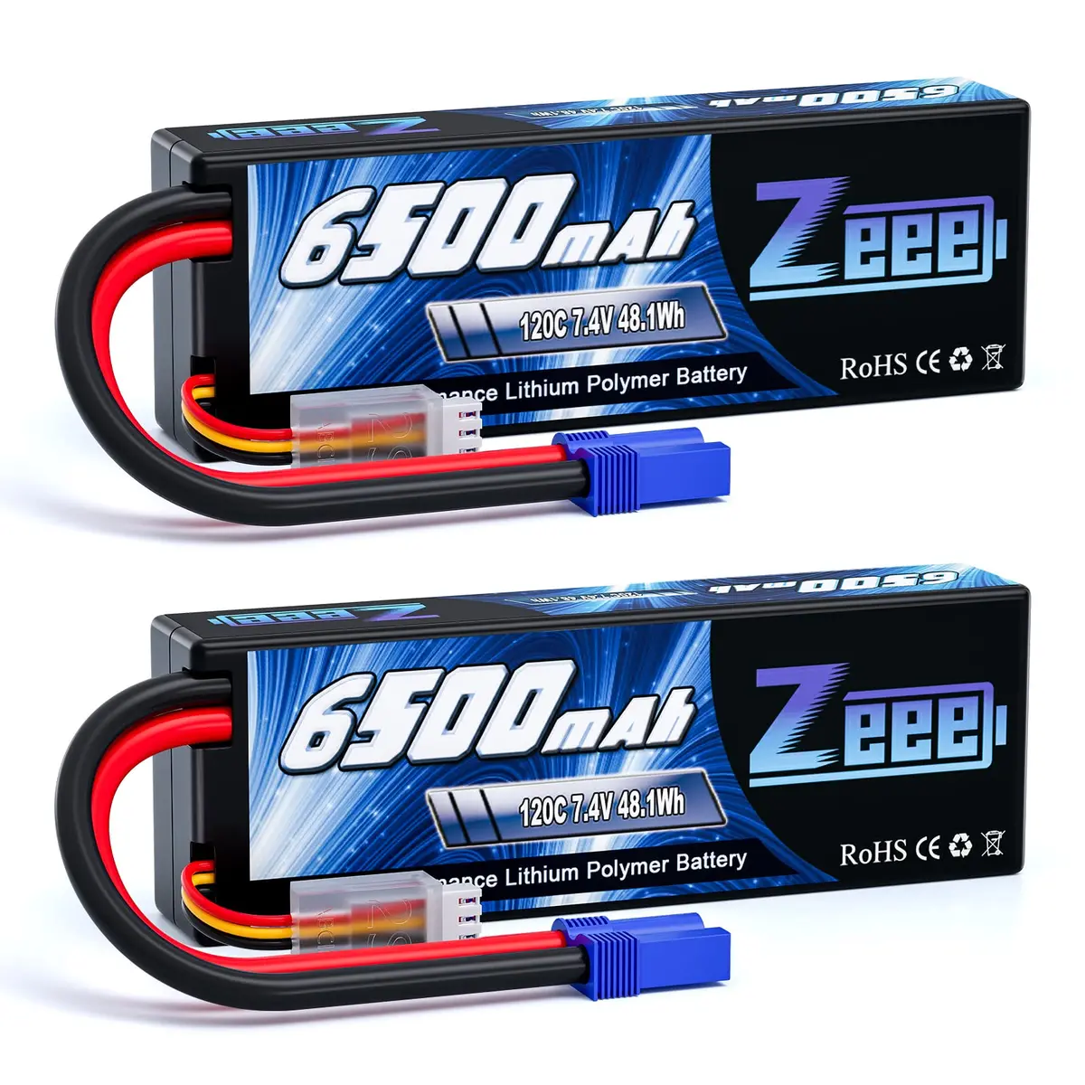 Zeee 2S Lipo Battery 6500Mah 7.4V 120C Hard Case Rc Car Battery With Ec5 Connector For Rc Vehicles Rc Truck Tank Truggy Boat Racing Hobby Models(2 Pack) 1