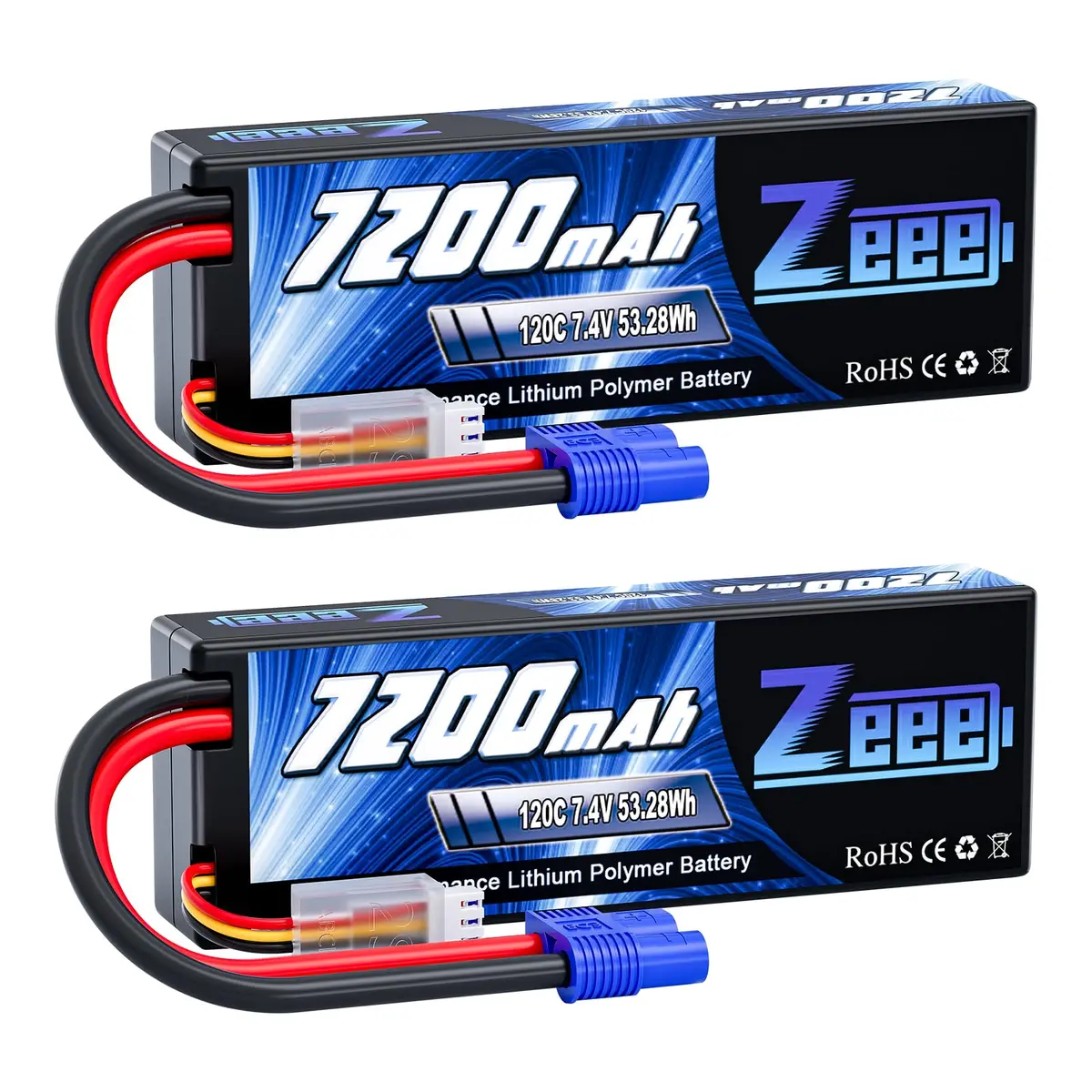 Zeee 2S Lipo Battery 7200Mah 7.4V 120C Hard Case Rc Battery With Ec3 Connector For Rc Car Truck Truggy Buggy Tank 1/10 Scale Racing Models(2 Pack) 1