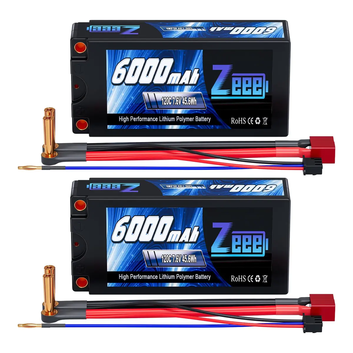Zeee 2S Shorty Lipo Battery 6000Mah 7.6V 120C Hard Case With 5Mm Bullet To Deans Connector High Voltage Battery For Rc 1/10 Scale Vehicles Car Trucks Boats Rc Models (2 Pack) 1