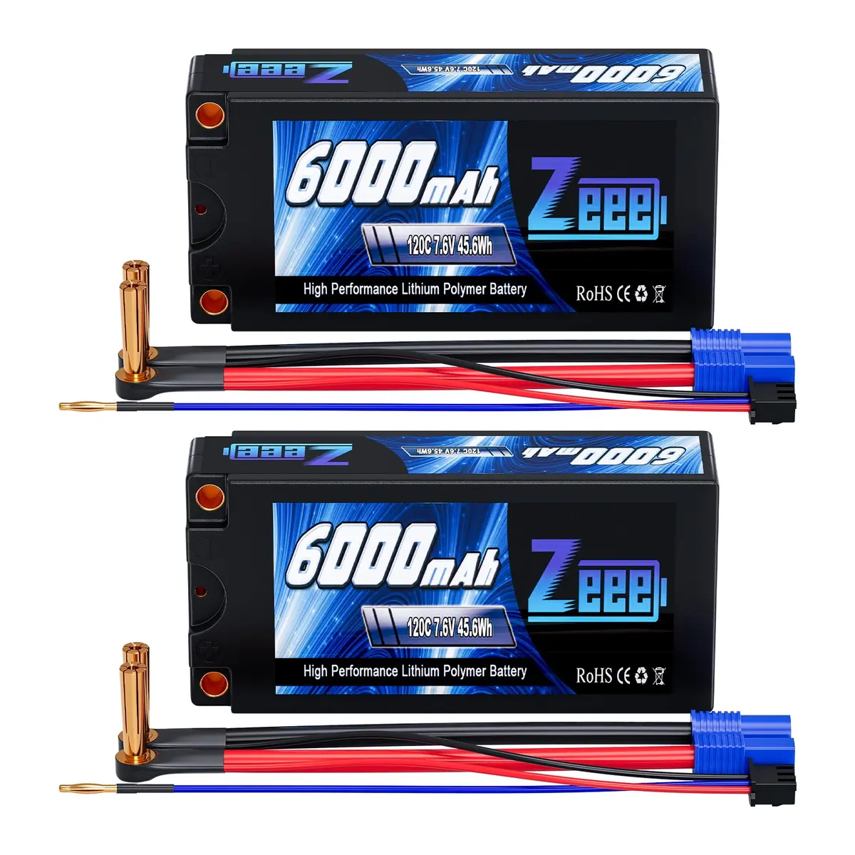 Zeee 2S Lipo Battery 6000Mah Shorty Pack 7.6V 120C High Voltage Battery Hard Case With 5Mm Bullet To Ec3 Connector For Rc 1/10 Scale Vehicles Car Trucks Boats Rc Models (2 Pack) 1