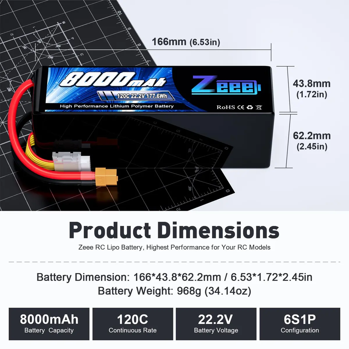 Zeee 6S Lipo Battery 8000Mah 22.2V 120C Soft Pack Rc Battery Xt60 Connector For Rc Car Truck Desert Racer Rc Drone Rc Tank Racing Hobby Models(2 Pack) 2