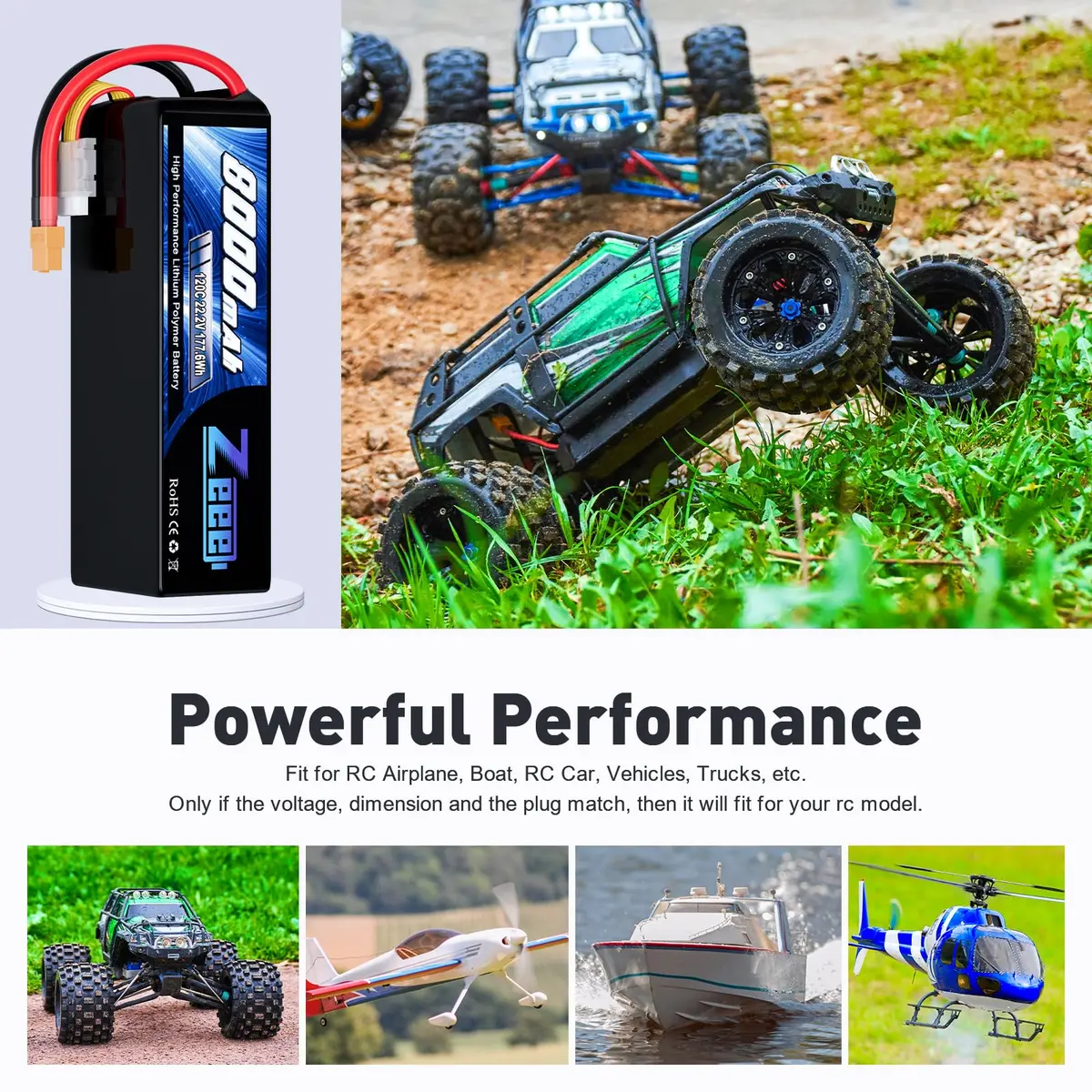 Zeee 6S Lipo Battery 8000Mah 22.2V 120C Soft Pack Rc Battery Xt60 Connector For Rc Car Truck Desert Racer Rc Drone Rc Tank Racing Hobby Models(2 Pack) 5