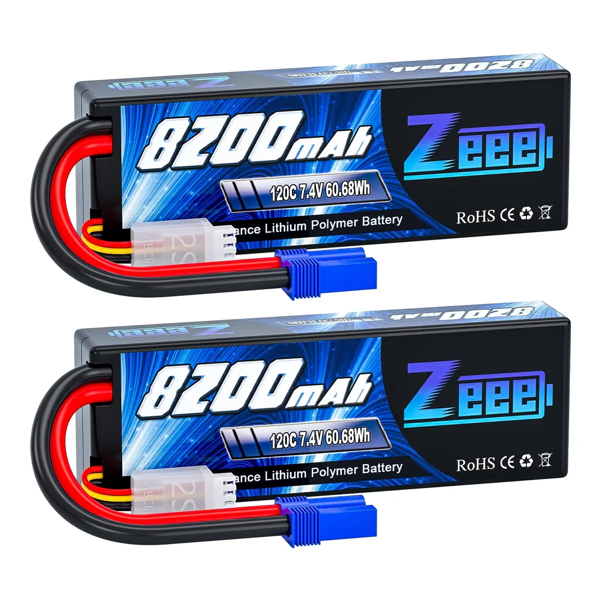 Zeee 2S Lipo Battery 8200Mah 7.4V 120C Hard Case Rc Car Battery With Ec5 Plug For 1/8 1/10 Rc Vehicles Rc Car Truck Truggy Rc Boat Helicopter Racing Models(2 Pack) 1