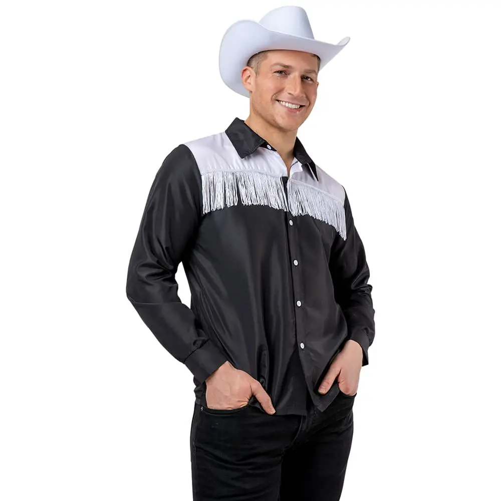 Black Cowboy Shirt & White Fringe Wild West Movie Doll Costume - Men 1
