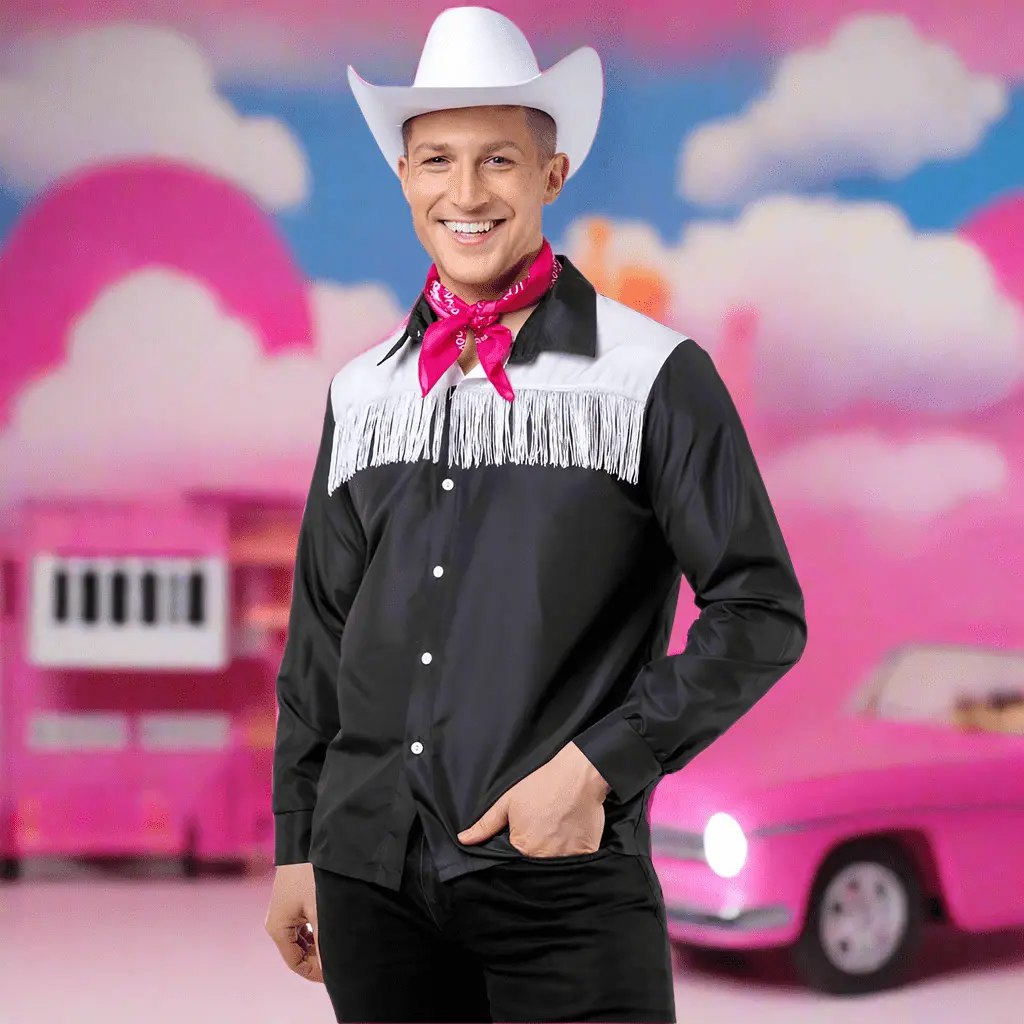 Black Cowboy Shirt & White Fringe Wild West Movie Doll Costume - Men 2