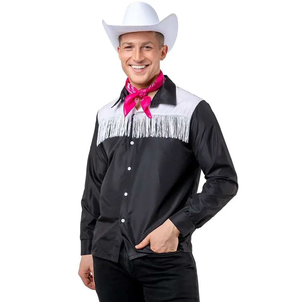 Black Cowboy Shirt & White Fringe Wild West Movie Doll Costume - Men 3