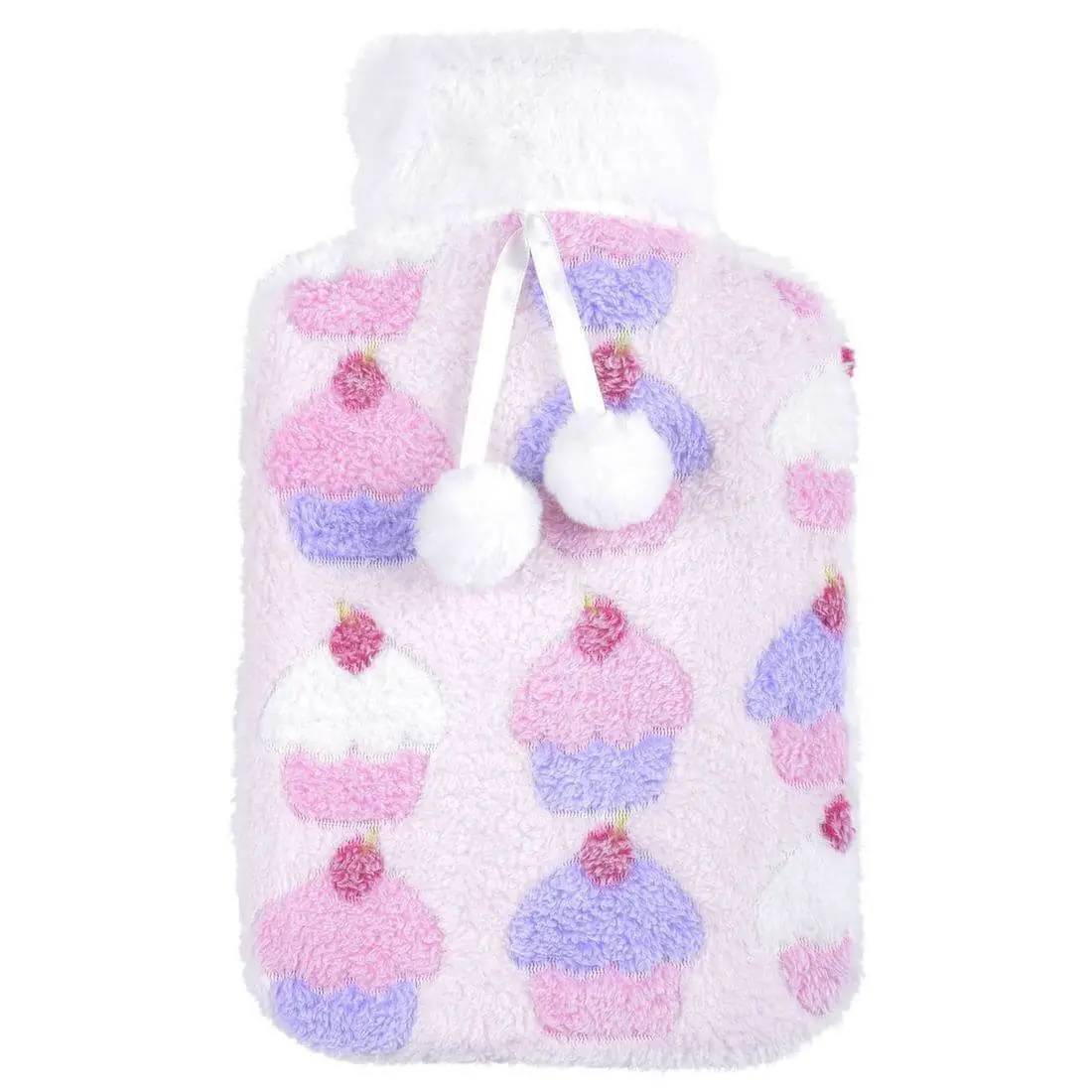 Hot Water Bottle Large Plush Fleece Cover Novelty Pompoms 1