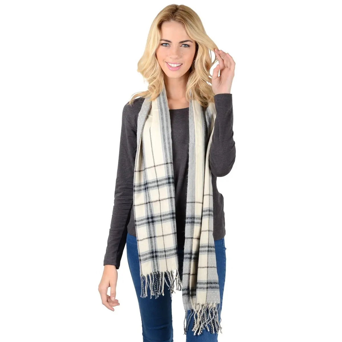 Womens Winter Scarf Soft Woven Check Fringed Tartan Plaid 1