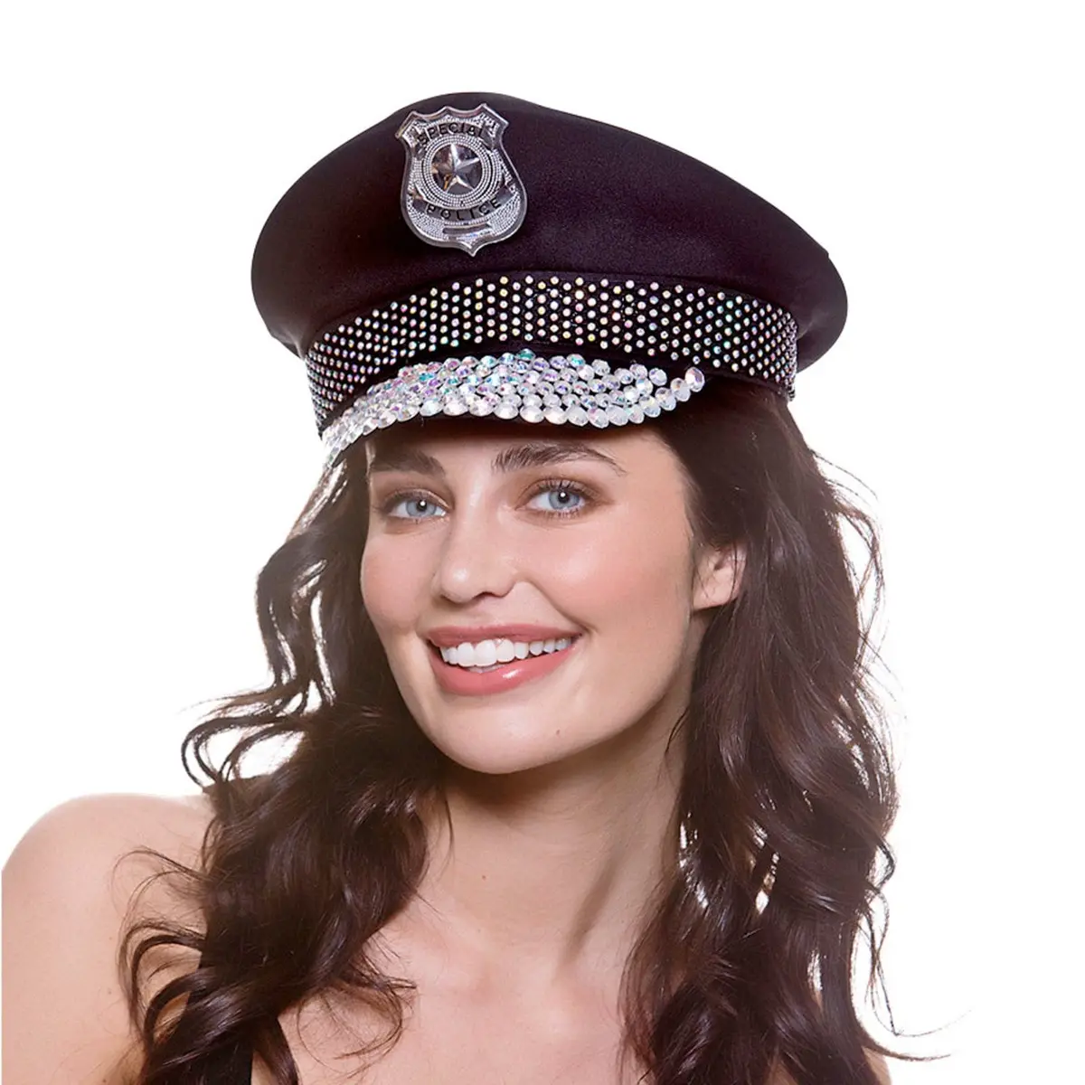 Deluxe Cop Hat Diamante Visor Police Officer Cap Fancy Dress 1