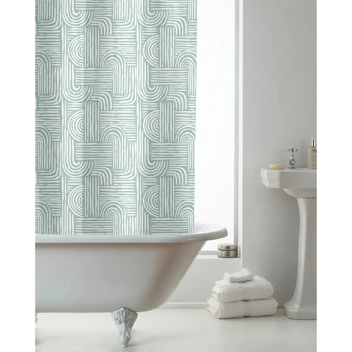 Green Boho Waves Pattern Shower Curtain With Hooks Peva 180X180cm 1