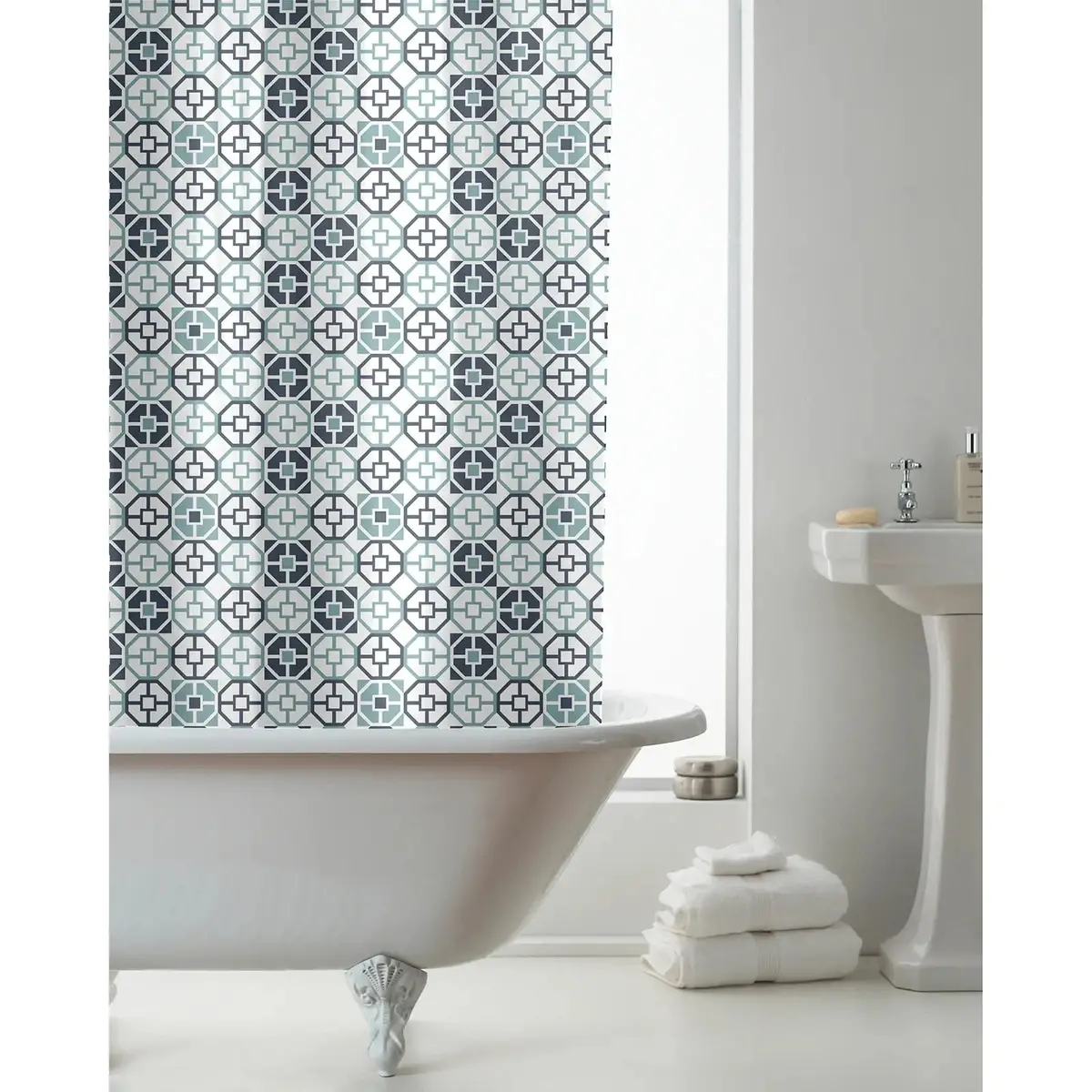 Teal Geometric Tile Pattern Shower Curtain With Hooks 180X180cm 1