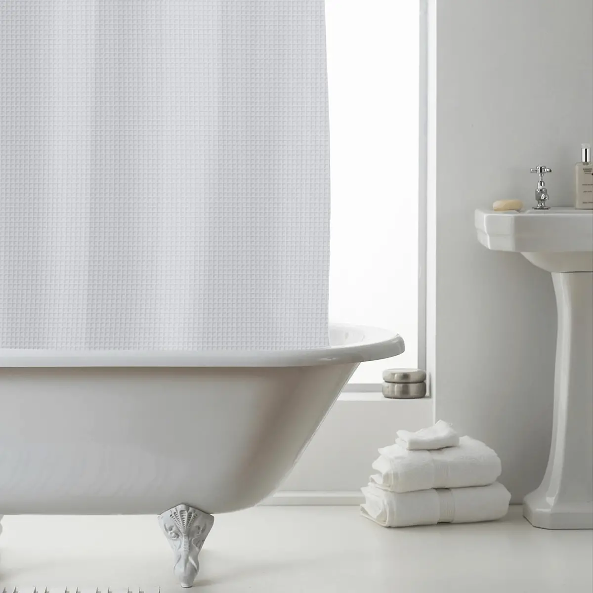 Waffle Design Shower Curtain With Rings & Liner 180 X 180Cm 2