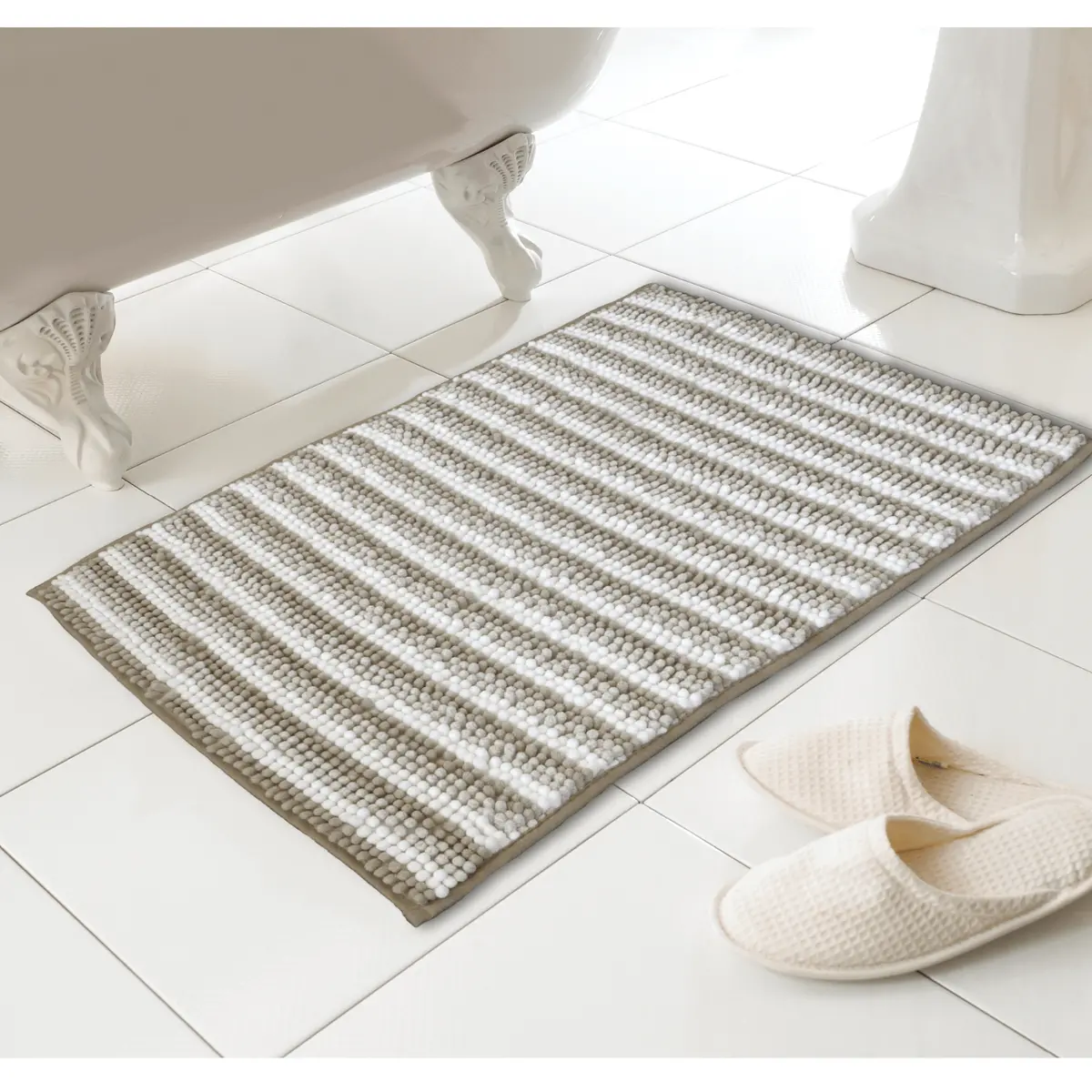Chenille Loop Neutral Stripe Shower Bath Mat Soft Rug 46X76cm 1