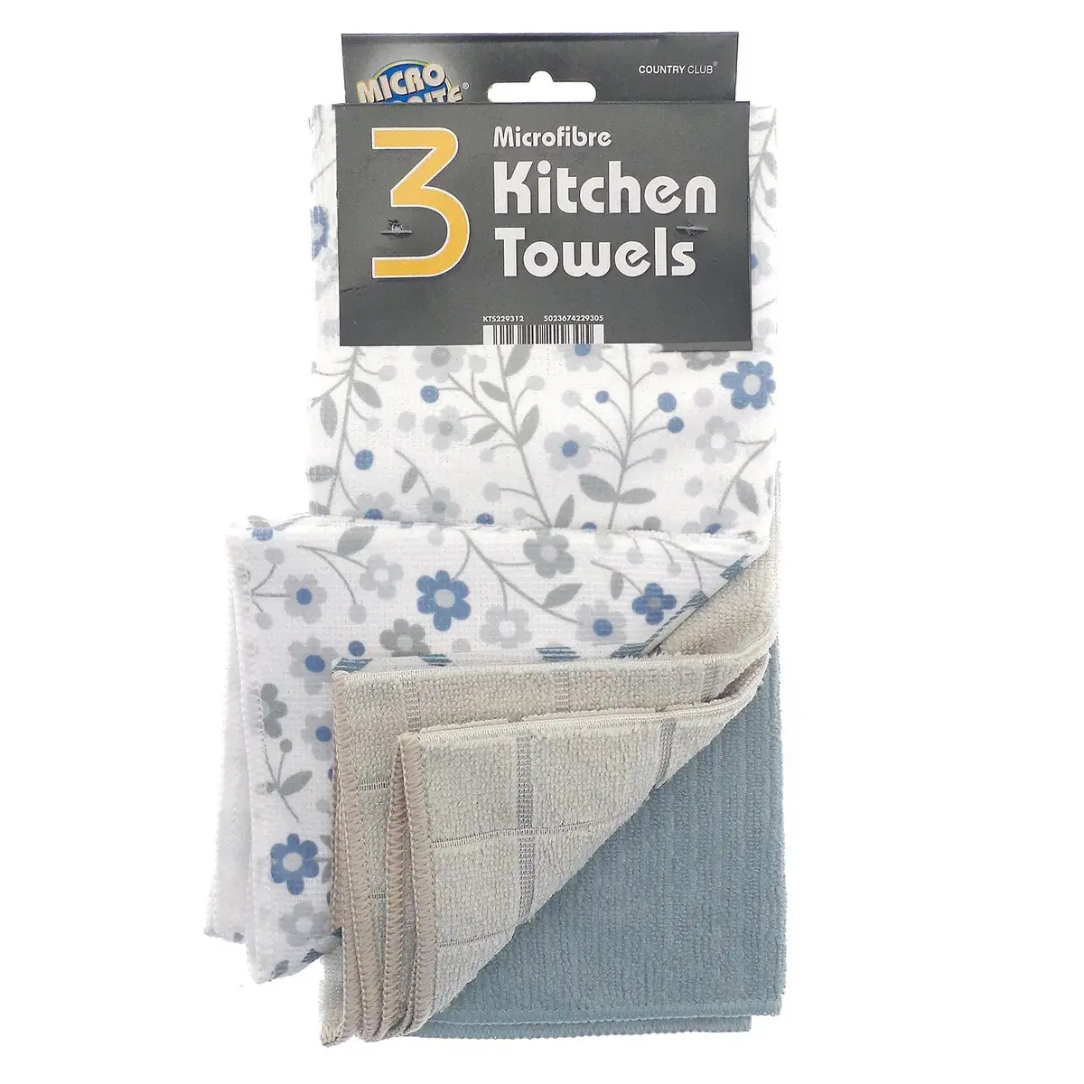 Pack Of 3 Microfibre Kitchen Towels Pattern Grey White Blue 1